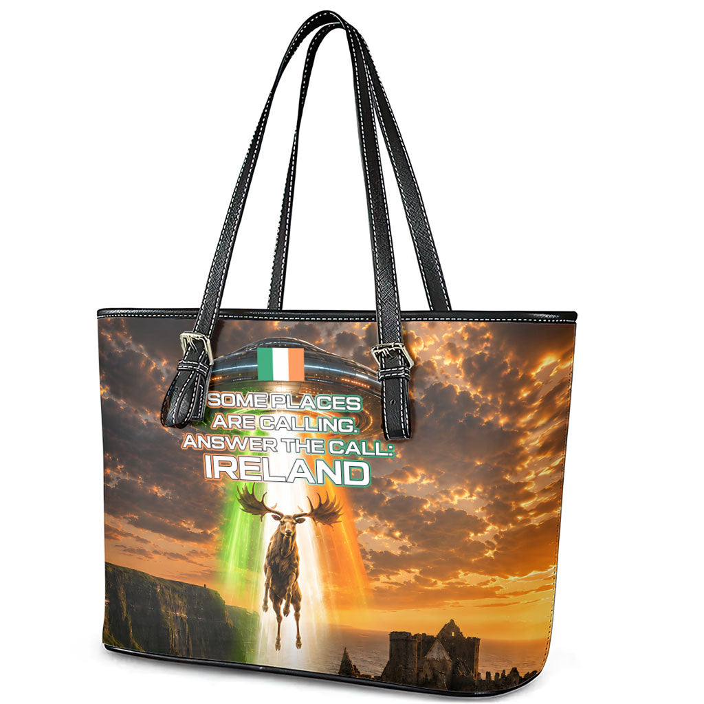 Ireland UFO Leather Tote Bag Irish Landscape Answer The Call
