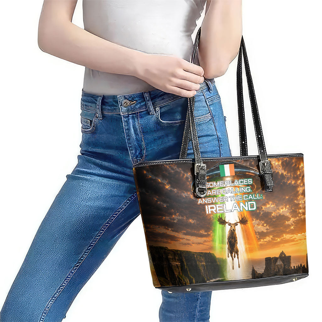 Ireland UFO Leather Tote Bag Irish Landscape Answer The Call