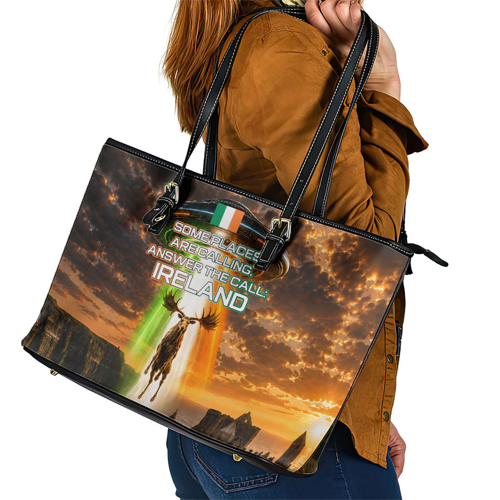 Ireland UFO Leather Tote Bag Irish Landscape Answer The Call