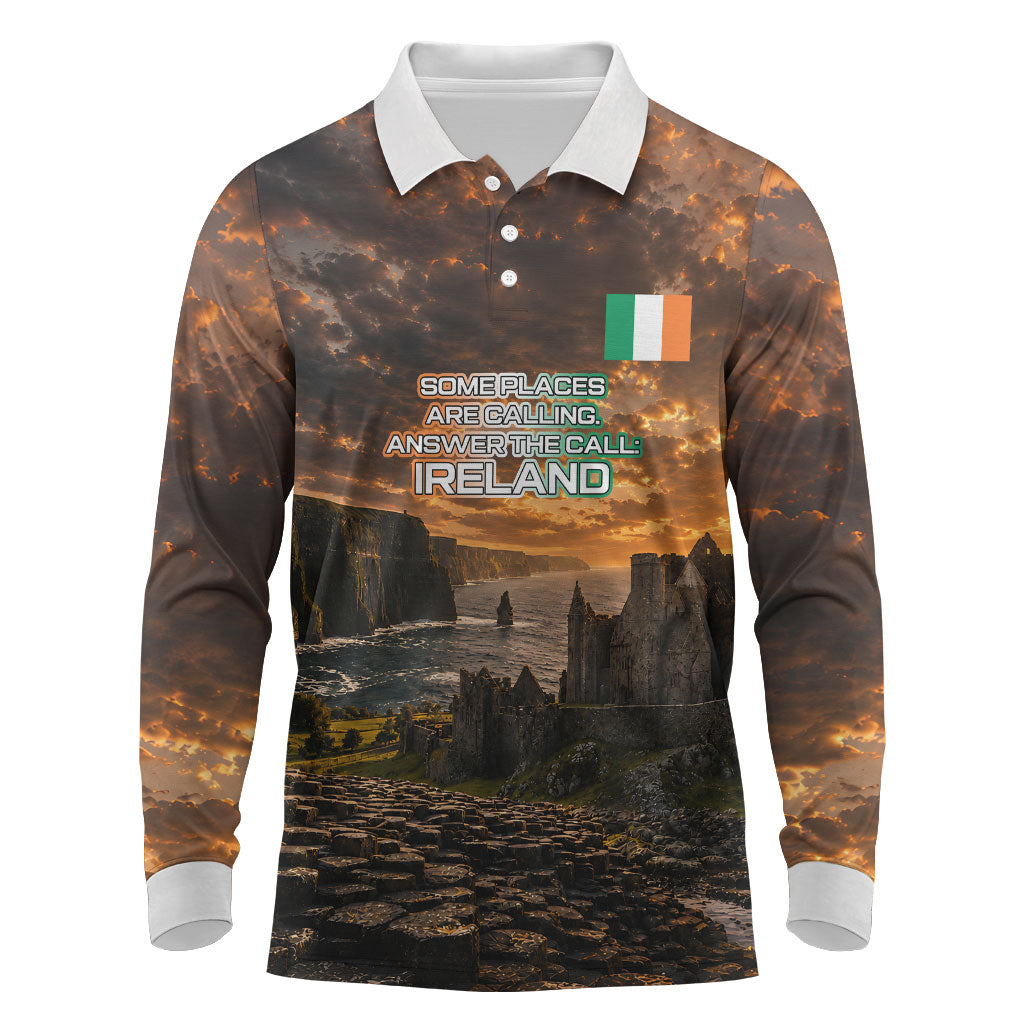 Ireland UFO Long Sleeve Polo Shirt Irish Landscape Answer The Call