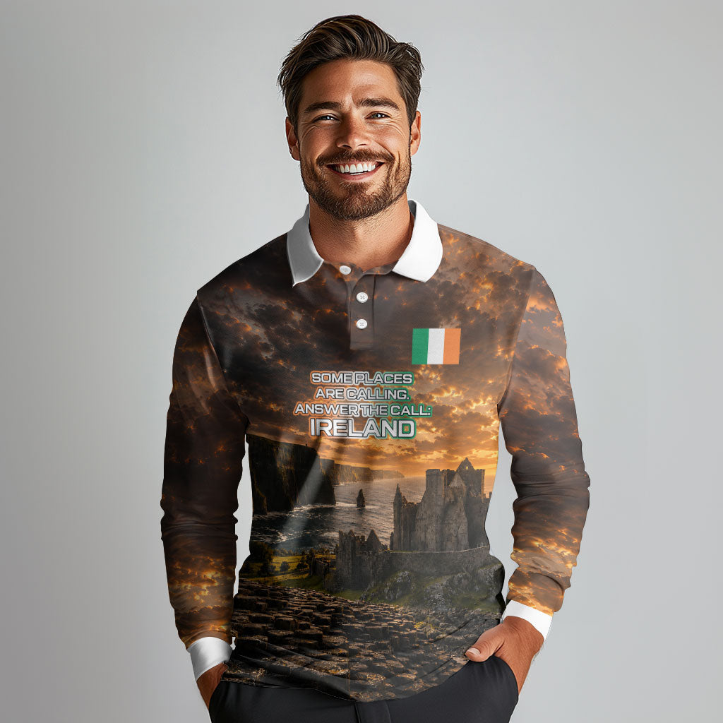Ireland UFO Long Sleeve Polo Shirt Irish Landscape Answer The Call