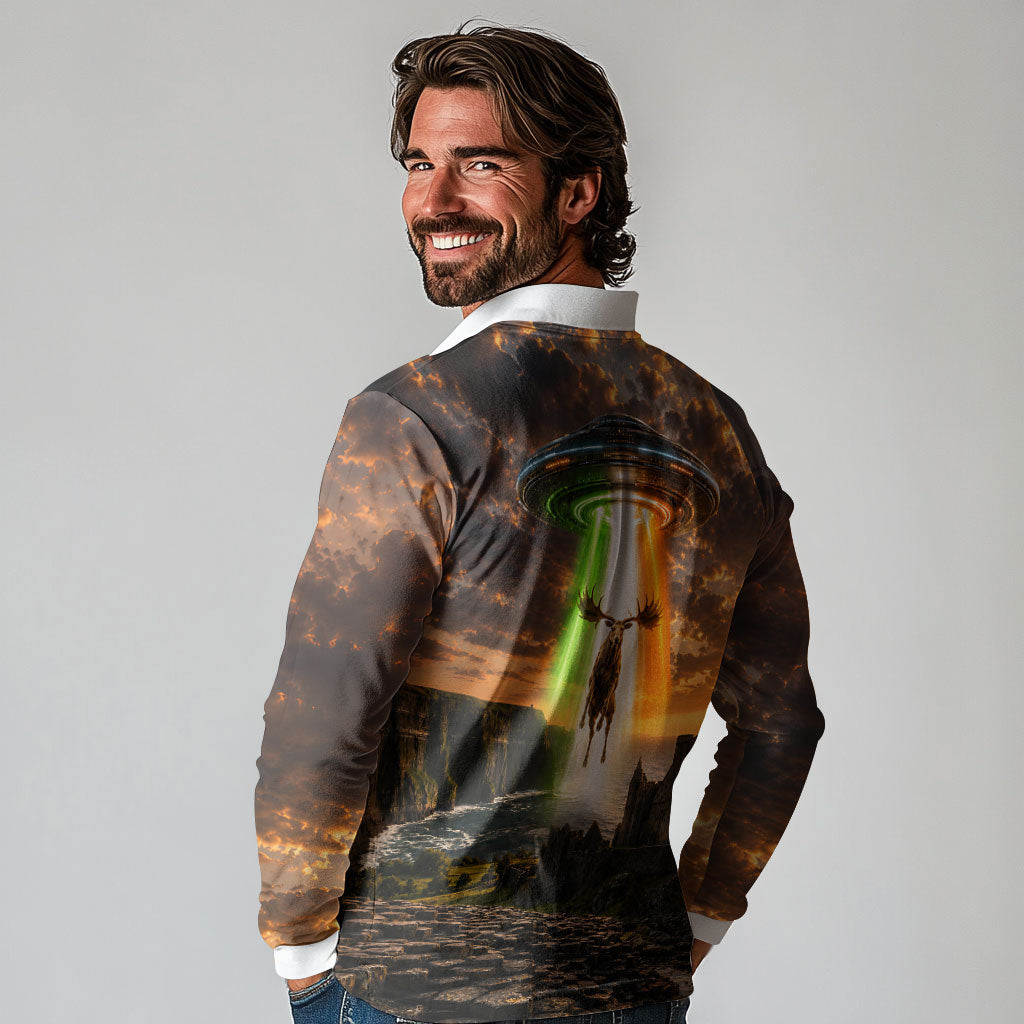 Ireland UFO Long Sleeve Polo Shirt Irish Landscape Answer The Call