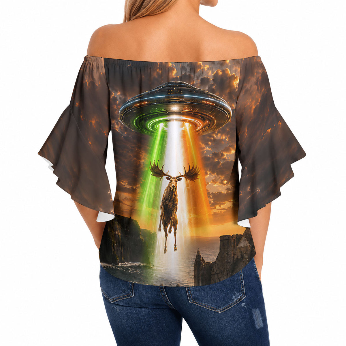 Ireland UFO Off Shoulder Wrap Waist Top Irish Landscape Answer The Call