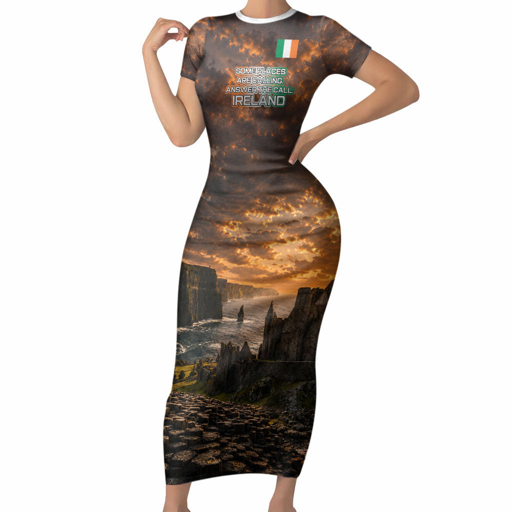 Ireland UFO Short Sleeve Bodycon Dress Irish Landscape Answer The Call