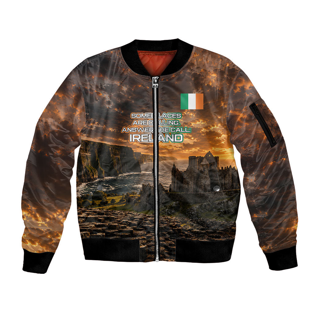 Ireland UFO Sleeve Zip Bomber Jacket Irish Landscape Answer The Call