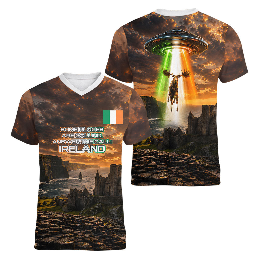 Ireland UFO Women V-Neck T-Shirt Irish Landscape Answer The Call