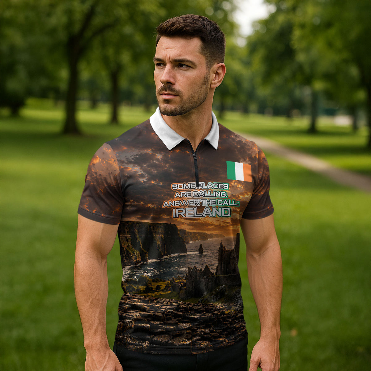 Ireland UFO Zipper Polo Shirt Irish Landscape Answer The Call
