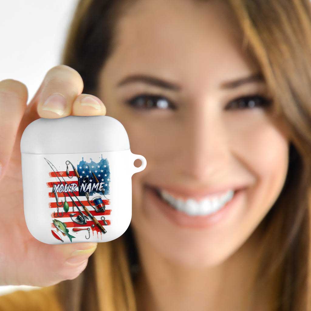 American Flag Fishing AirPods Case with Fishing Rods and Lures Watercolor Style Design - Wonder Print Shop