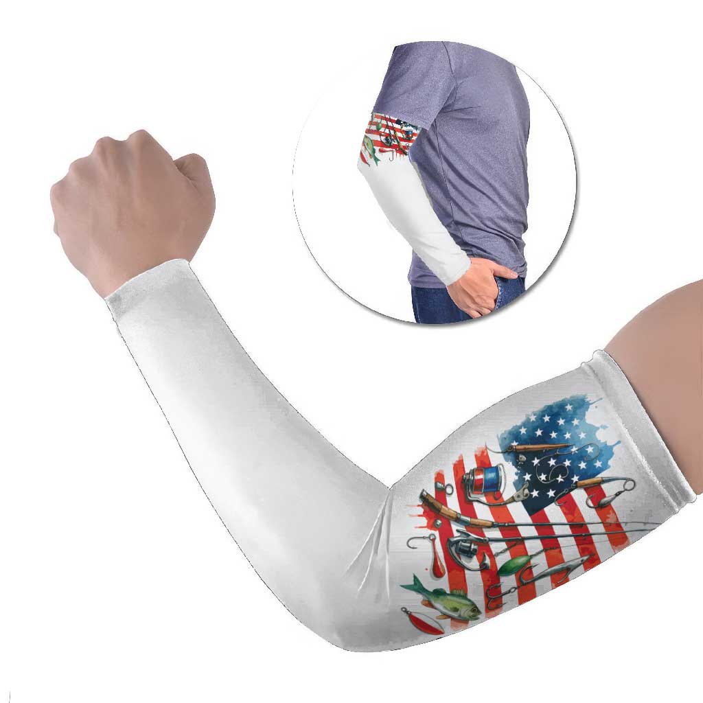 American Flag Fishing Arm Sleeves with Fishing Rods and Lures Watercolor Style Design - Wonder Print Shop