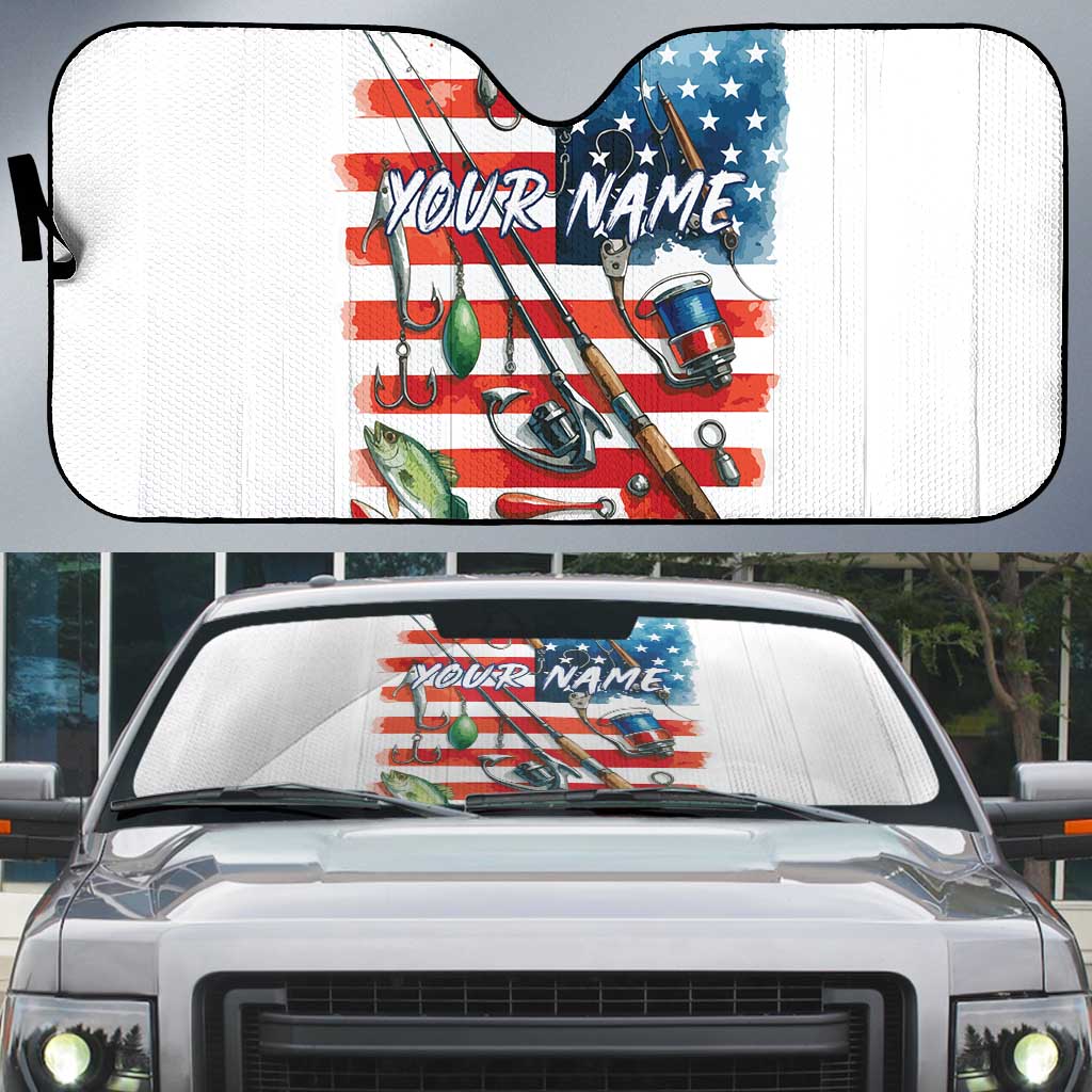 American Flag Fishing Auto Sun Shade with Fishing Rods and Lures Watercolor Style Design - Wonder Print Shop
