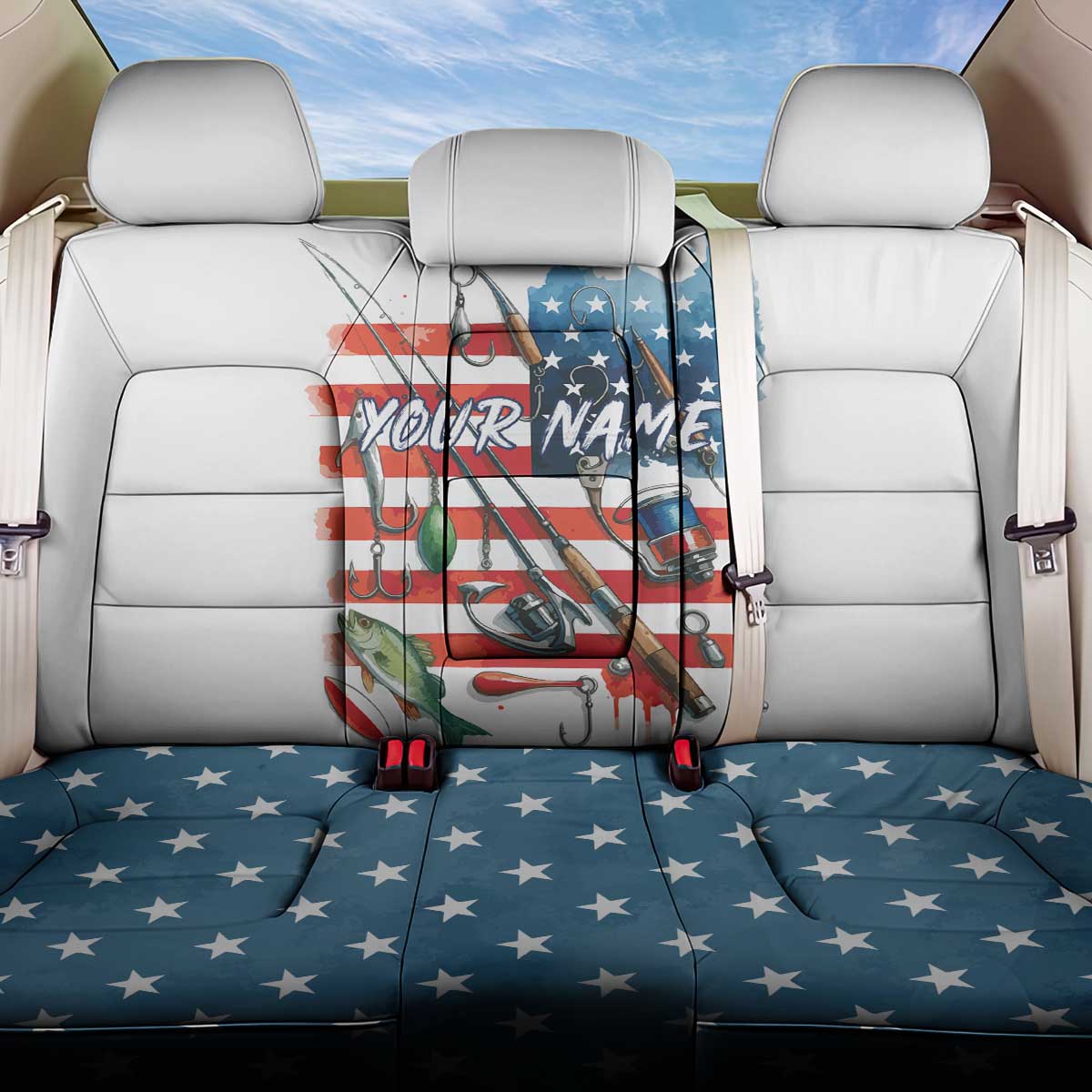 American Flag Fishing Back Car Seat Cover with Fishing Rods and Lures Watercolor Style Design - Wonder Print Shop