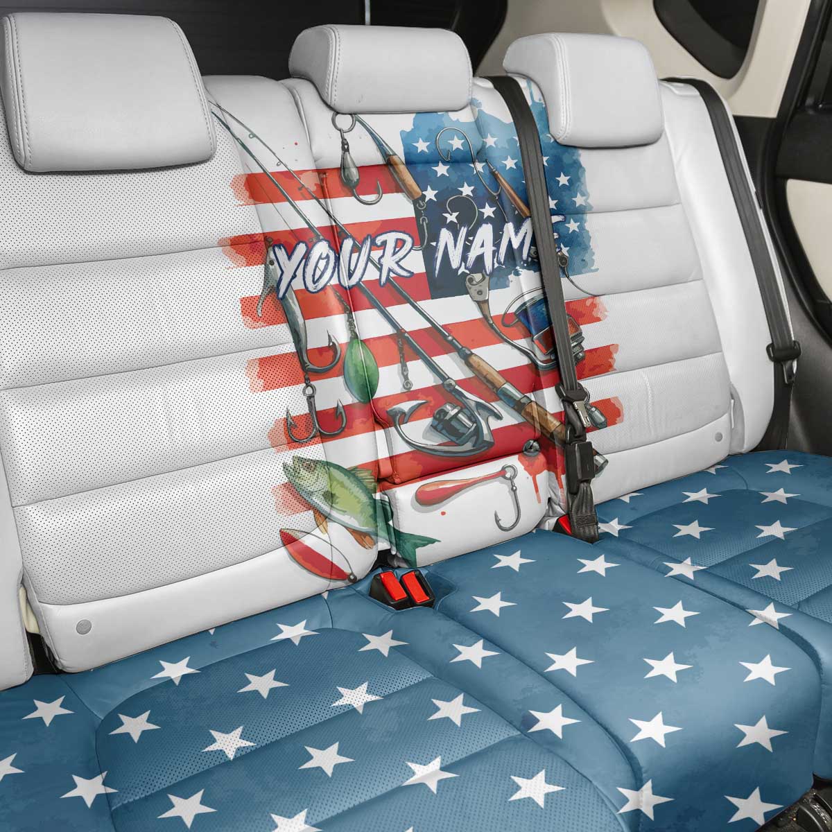American Flag Fishing Back Car Seat Cover with Fishing Rods and Lures Watercolor Style Design - Wonder Print Shop