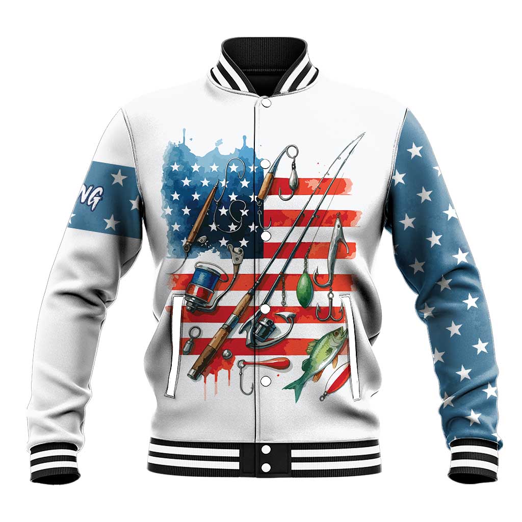 American Flag Fishing Baseball Jacket with Fishing Rods and Lures Watercolor Style Design - Wonder Print Shop