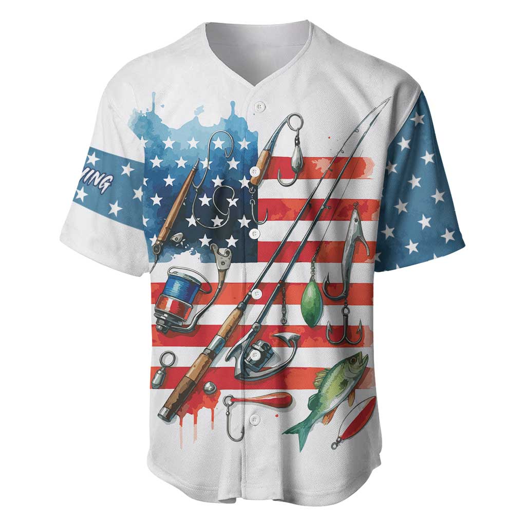 American Flag Fishing Baseball Jersey with Fishing Rods and Lures Watercolor Style Design - Wonder Print Shop