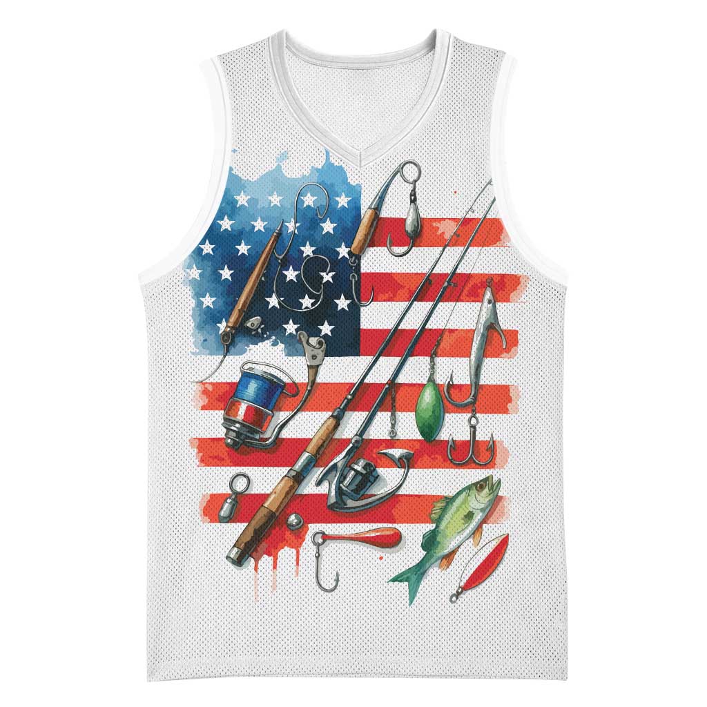 American Flag Fishing Basketball Jersey with Fishing Rods and Lures Watercolor Style Design - Wonder Print Shop