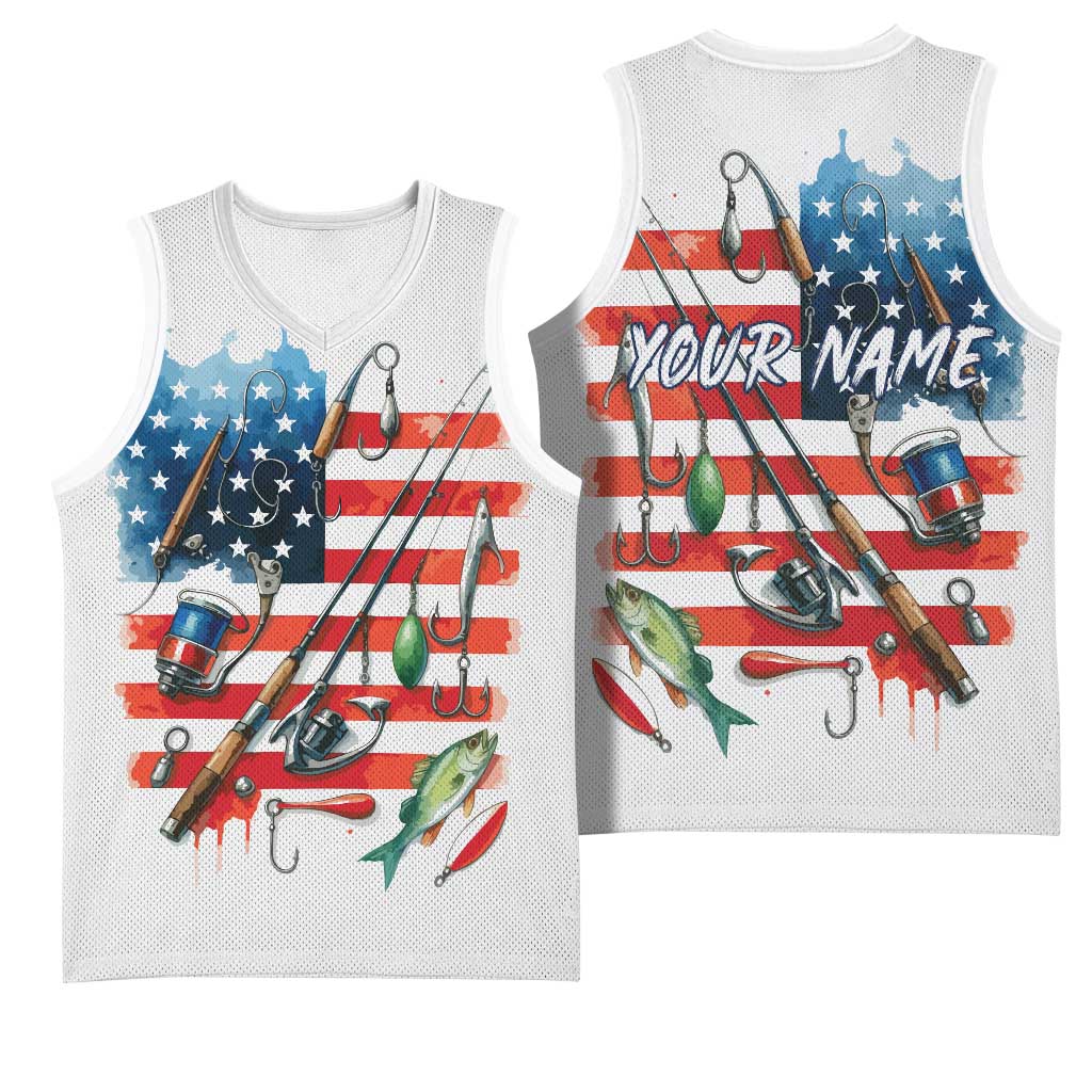 American Flag Fishing Basketball Jersey with Fishing Rods and Lures Watercolor Style Design - Wonder Print Shop