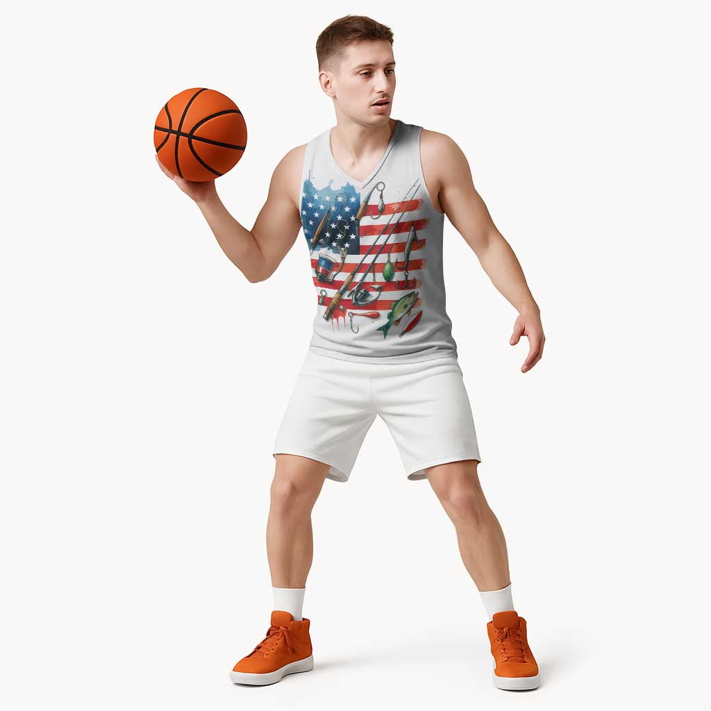 American Flag Fishing Basketball Jersey with Fishing Rods and Lures Watercolor Style Design - Wonder Print Shop