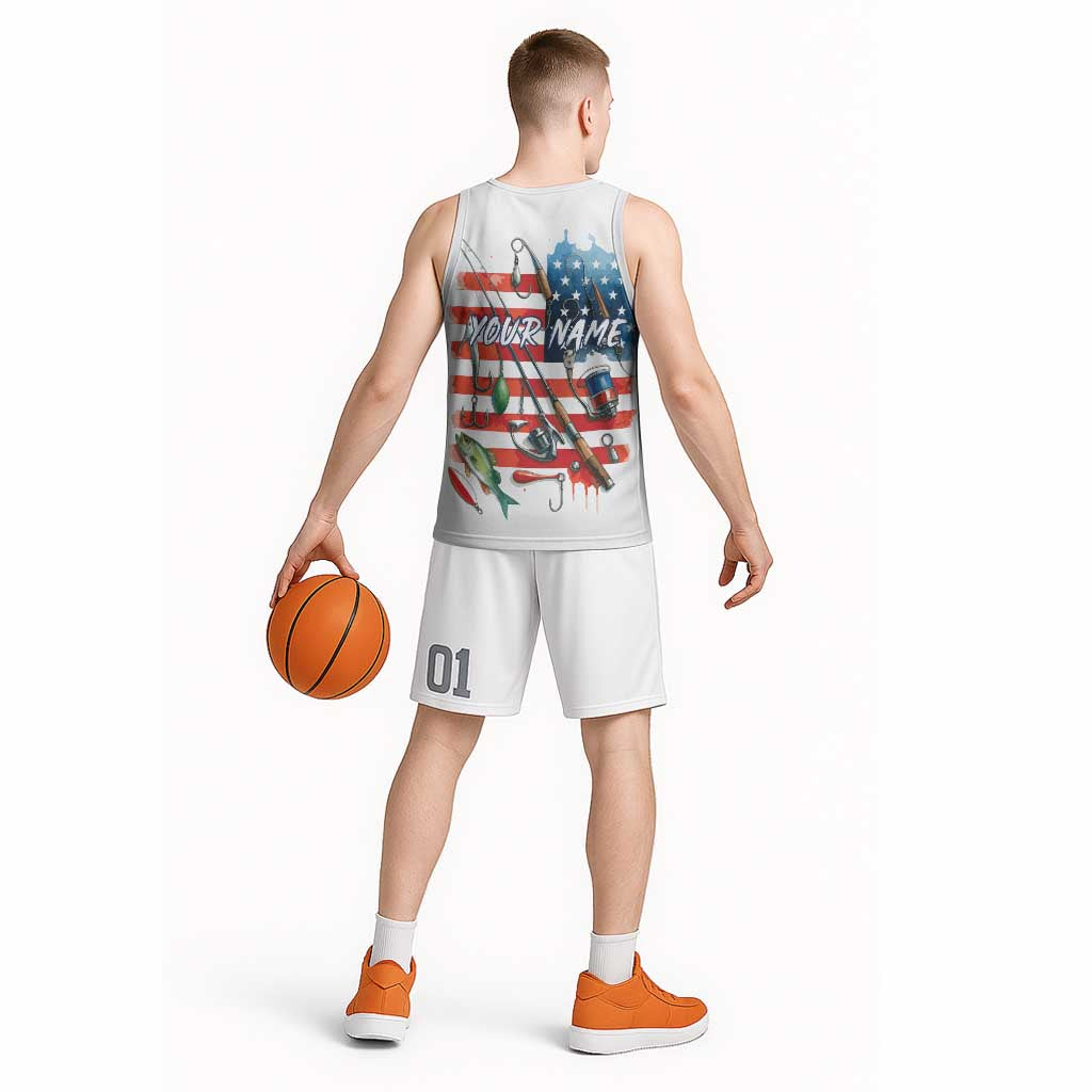 American Flag Fishing Basketball Jersey with Fishing Rods and Lures Watercolor Style Design - Wonder Print Shop