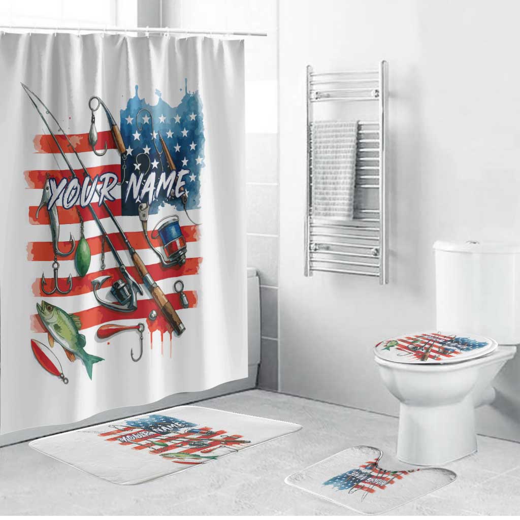 American Flag Fishing Bathroom Set with Fishing Rods and Lures Watercolor Style Design - Wonder Print Shop