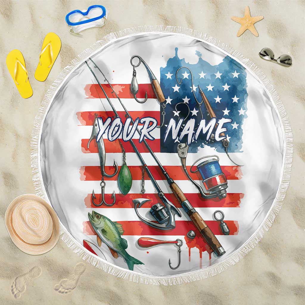 American Flag Fishing Beach Blanket with Fishing Rods and Lures Watercolor Style Design - Wonder Print Shop