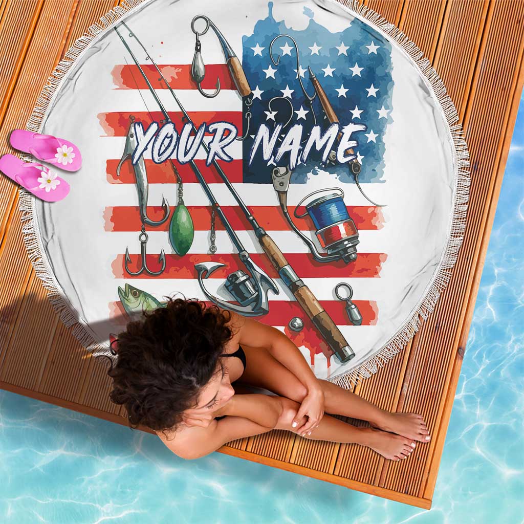 American Flag Fishing Beach Blanket with Fishing Rods and Lures Watercolor Style Design - Wonder Print Shop