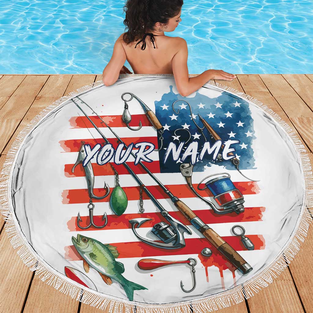 American Flag Fishing Beach Blanket with Fishing Rods and Lures Watercolor Style Design - Wonder Print Shop