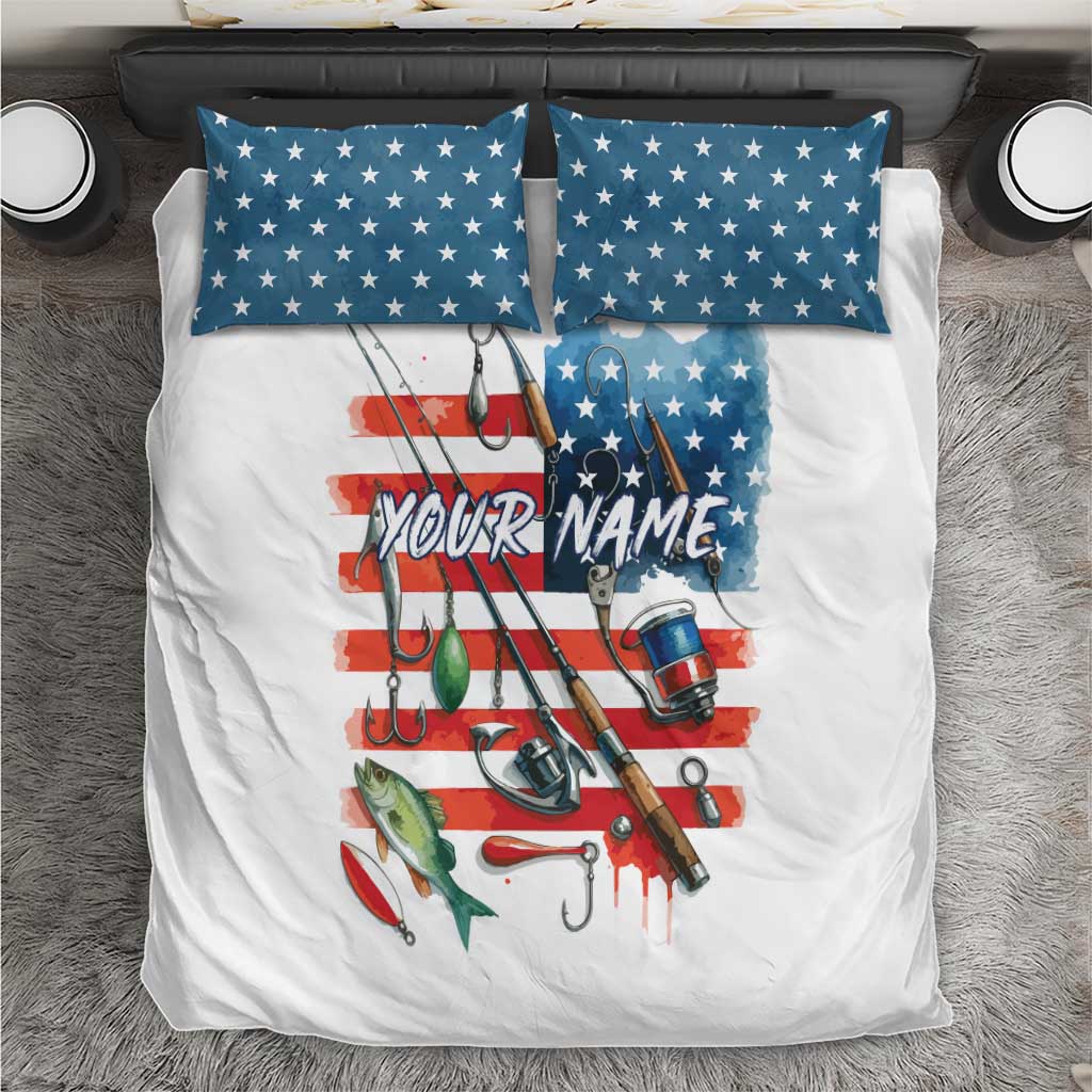 American Flag Fishing Bedding Set with Fishing Rods and Lures Watercolor Style Design - Wonder Print Shop