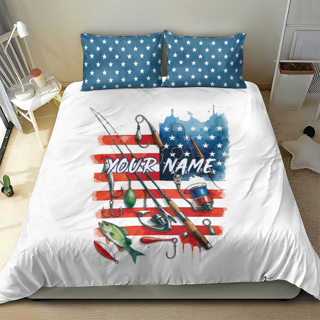 American Flag Fishing Bedding Set with Fishing Rods and Lures Watercolor Style Design - Wonder Print Shop
