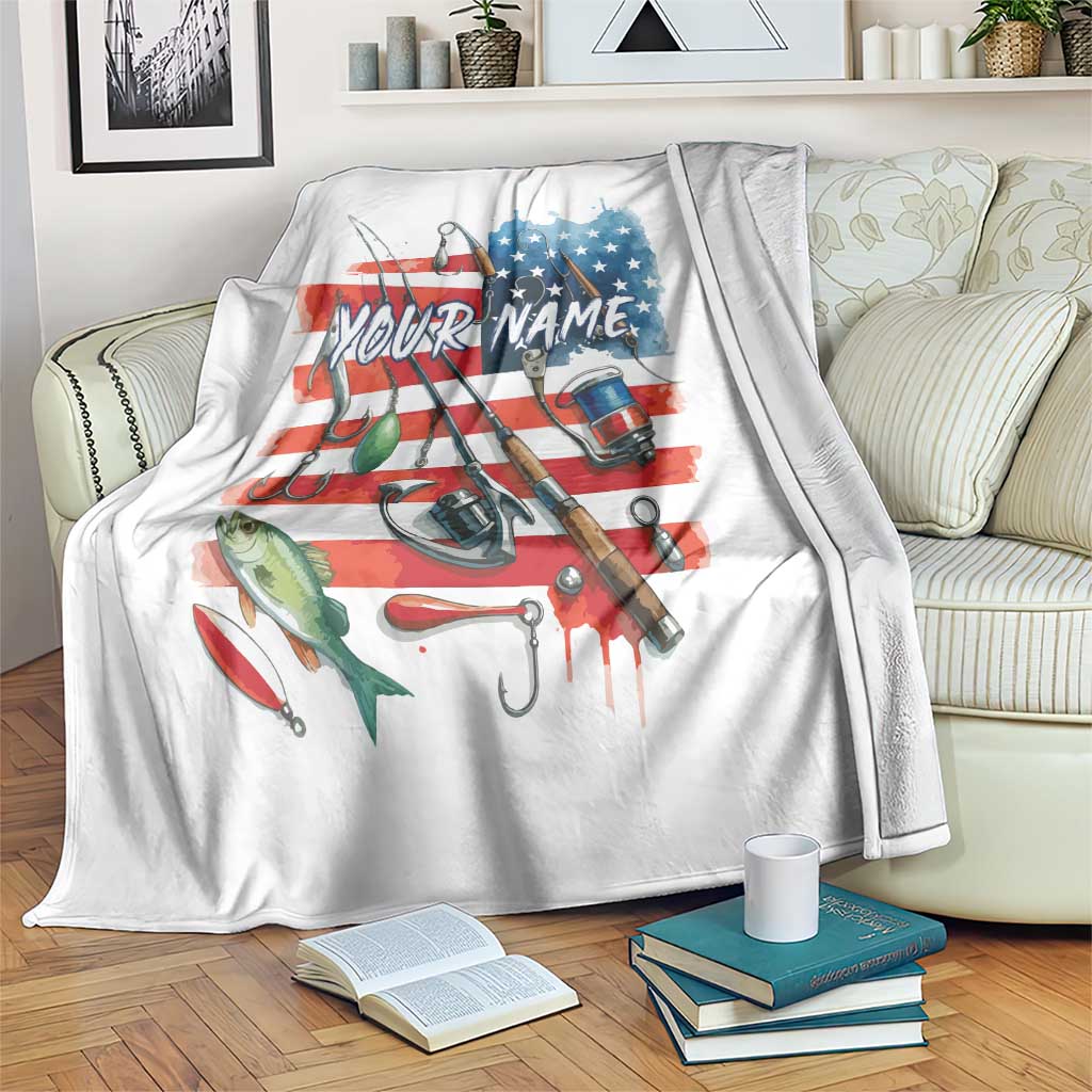 American Flag Fishing Blanket with Fishing Rods and Lures Watercolor Style Design - Wonder Print Shop