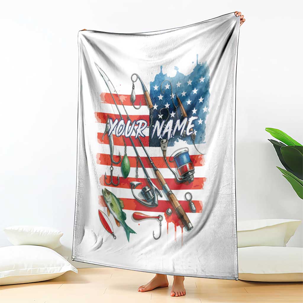 American Flag Fishing Blanket with Fishing Rods and Lures Watercolor Style Design - Wonder Print Shop
