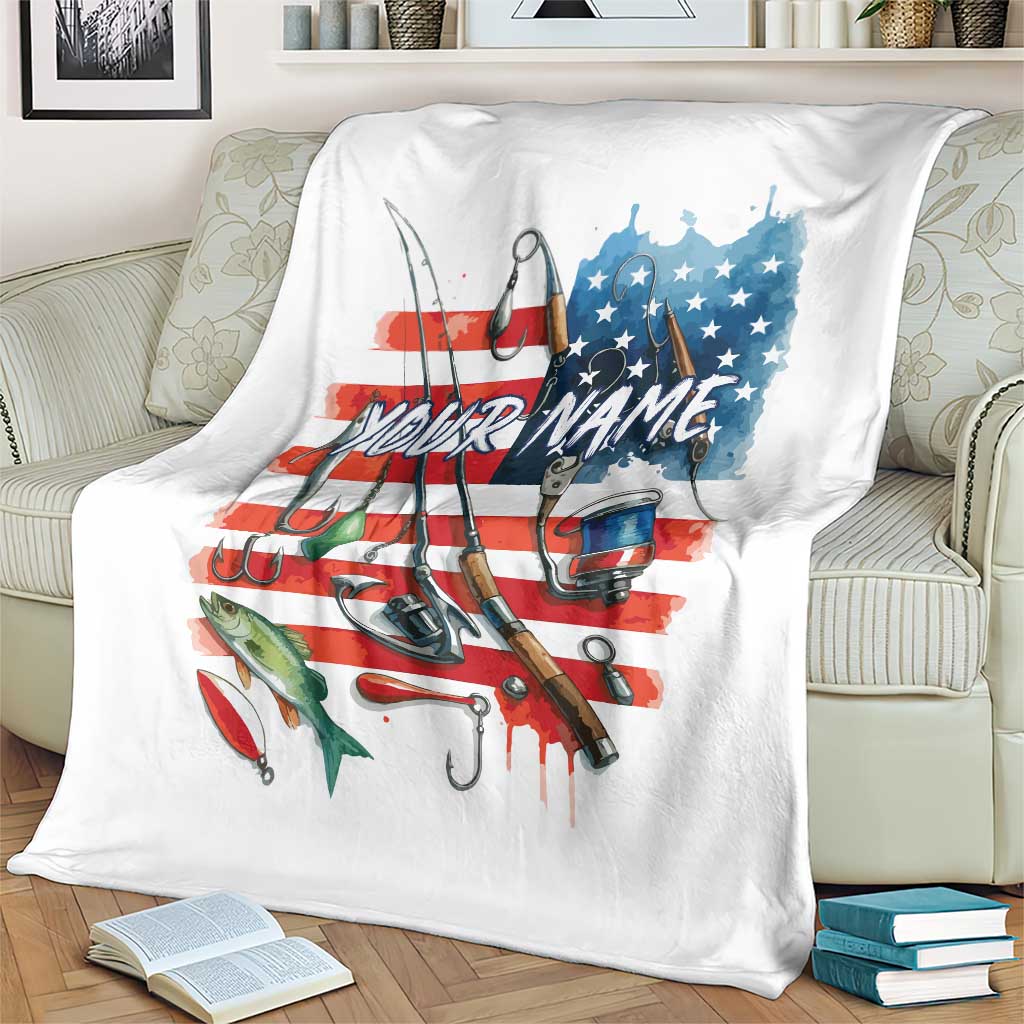 American Flag Fishing Blanket with Fishing Rods and Lures Watercolor Style Design - Wonder Print Shop