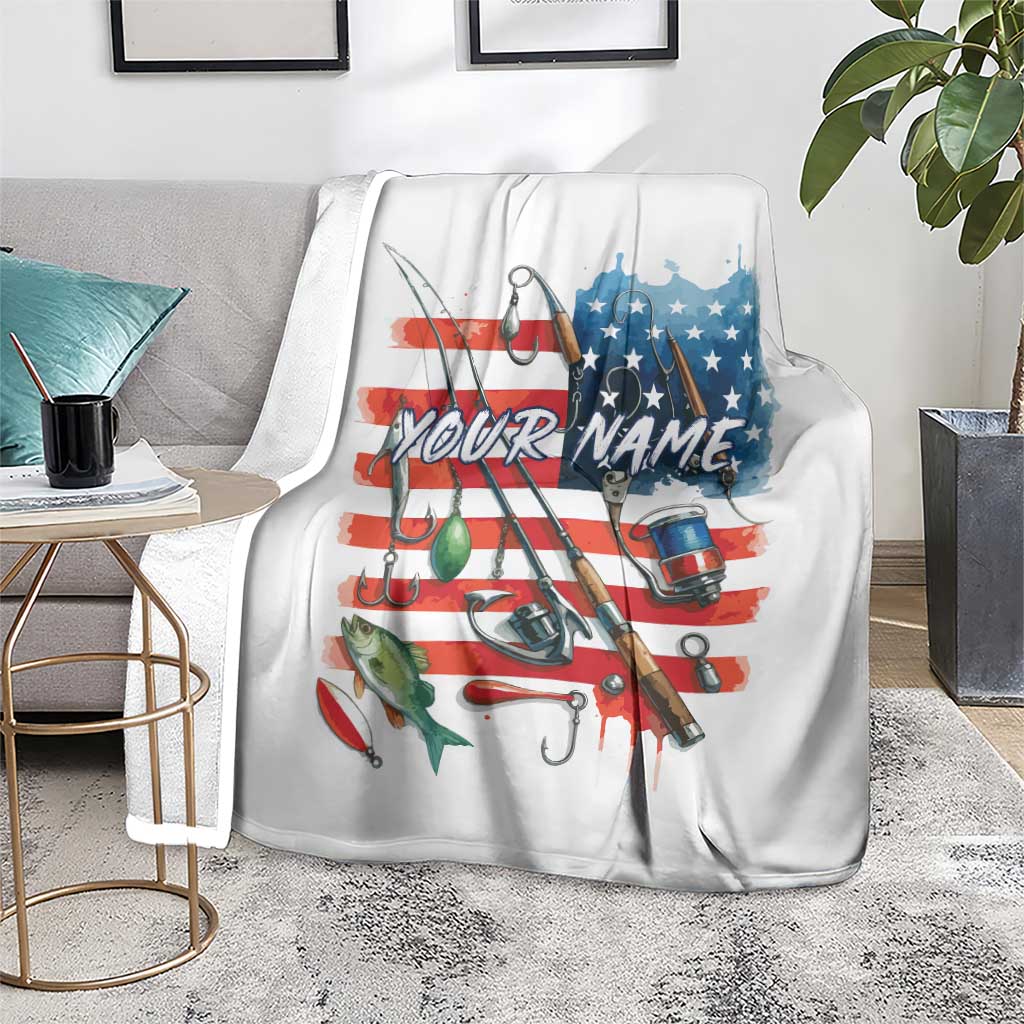 American Flag Fishing Blanket with Fishing Rods and Lures Watercolor Style Design - Wonder Print Shop