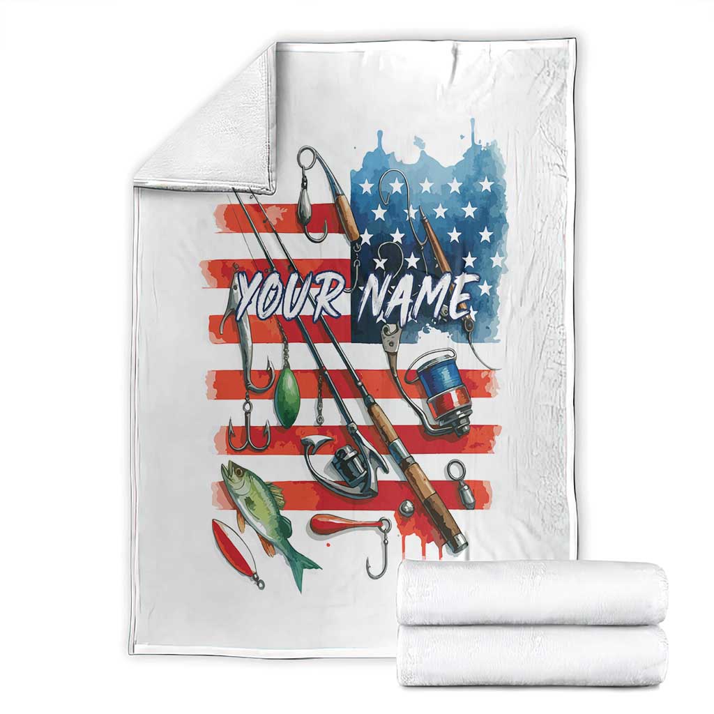 American Flag Fishing Blanket with Fishing Rods and Lures Watercolor Style Design - Wonder Print Shop