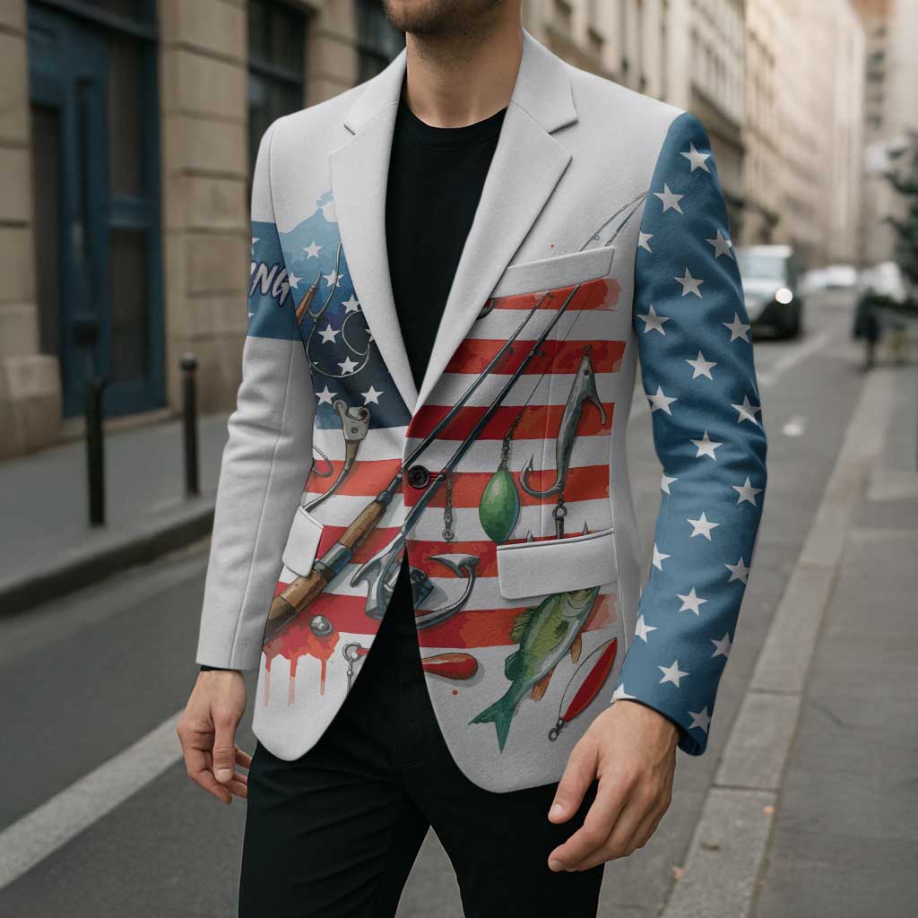 American Flag Fishing Blazer with Fishing Rods and Lures Watercolor Style Design - Wonder Print Shop
