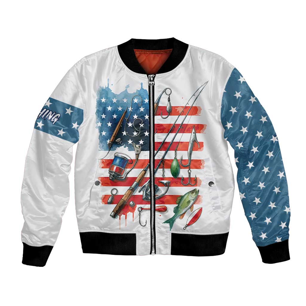 American Flag Fishing Bomber Jacket with Fishing Rods and Lures Watercolor Style Design - Wonder Print Shop