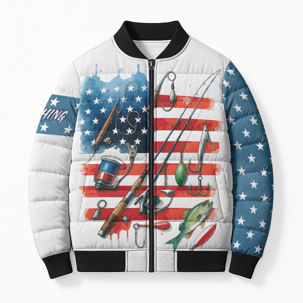 American Flag Fishing Bomber Puffer Jacket with Fishing Rods and Lures Watercolor Style Design - Wonder Print Shop