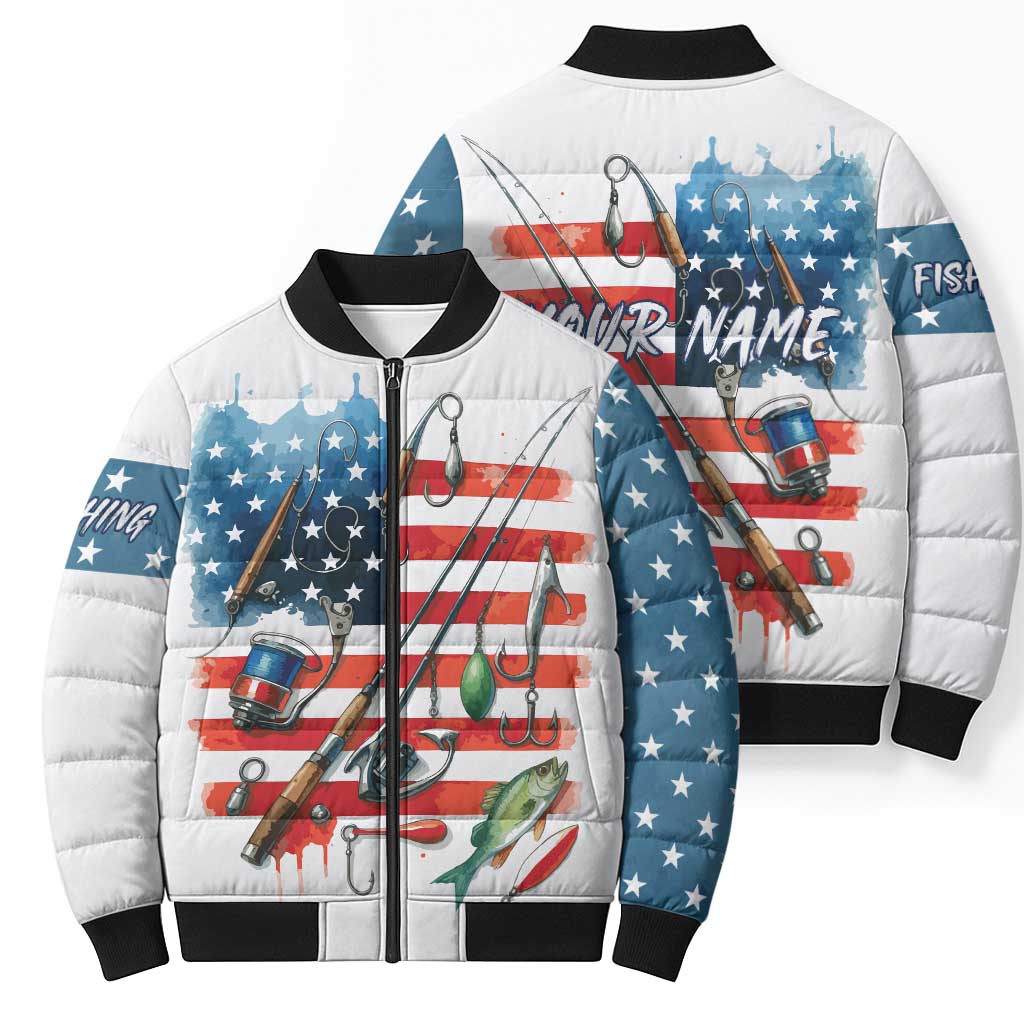 American Flag Fishing Bomber Puffer Jacket with Fishing Rods and Lures Watercolor Style Design - Wonder Print Shop