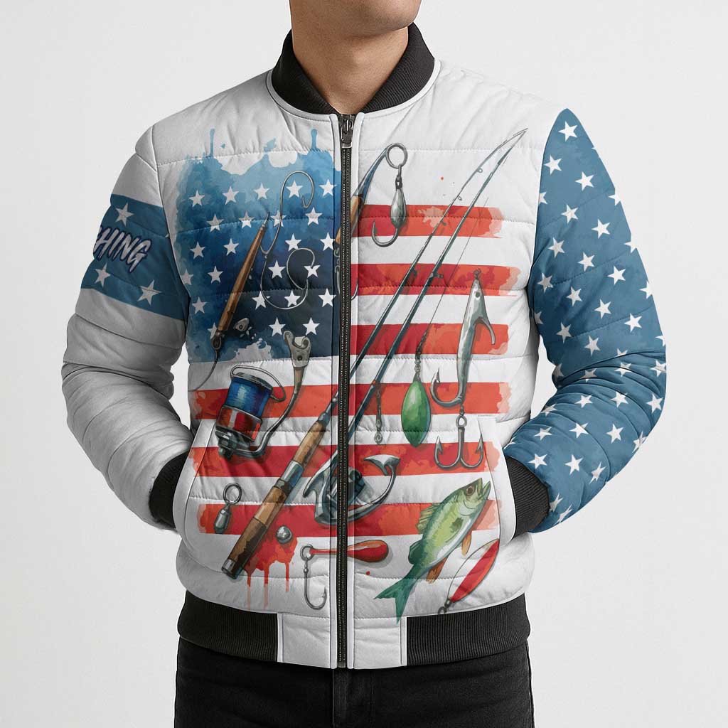 American Flag Fishing Bomber Puffer Jacket with Fishing Rods and Lures Watercolor Style Design - Wonder Print Shop