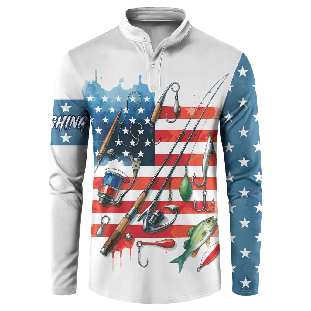 American Flag Fishing Button Sweatshirt with Fishing Rods and Lures Watercolor Style Design - Wonder Print Shop