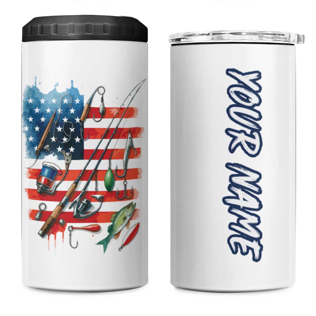 American Flag Fishing 4 in 1 Can Cooler Tumbler with Fishing Rods and Lures Watercolor Style Design - Wonder Print Shop