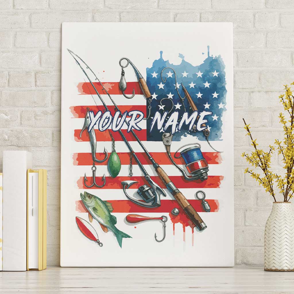 American Flag Fishing Canvas Wall Art with Fishing Rods and Lures Watercolor Style Design - Wonder Print Shop