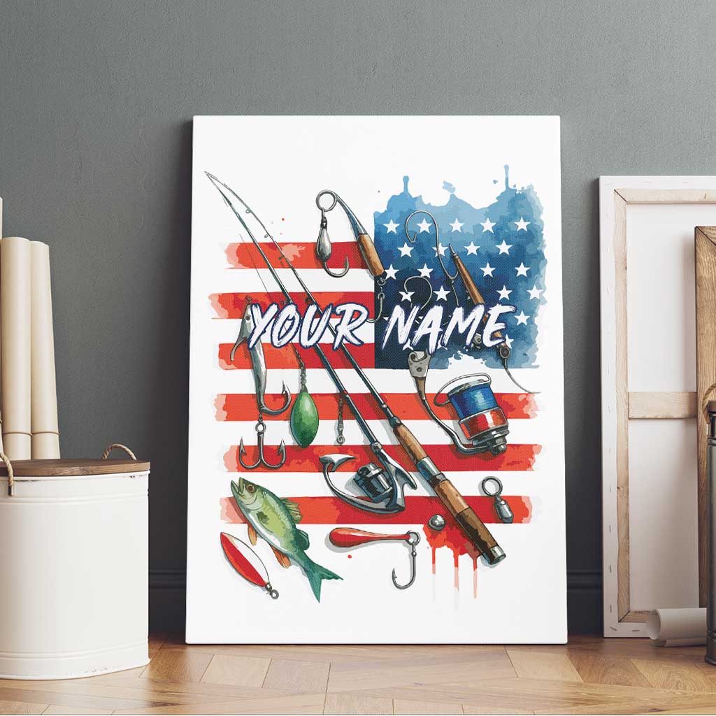 American Flag Fishing Canvas Wall Art with Fishing Rods and Lures Watercolor Style Design - Wonder Print Shop