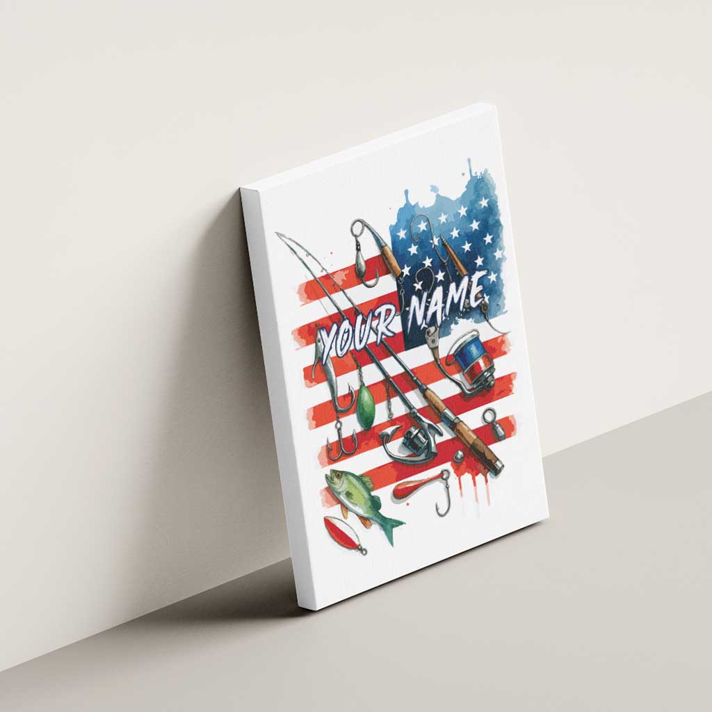 American Flag Fishing Canvas Wall Art with Fishing Rods and Lures Watercolor Style Design - Wonder Print Shop