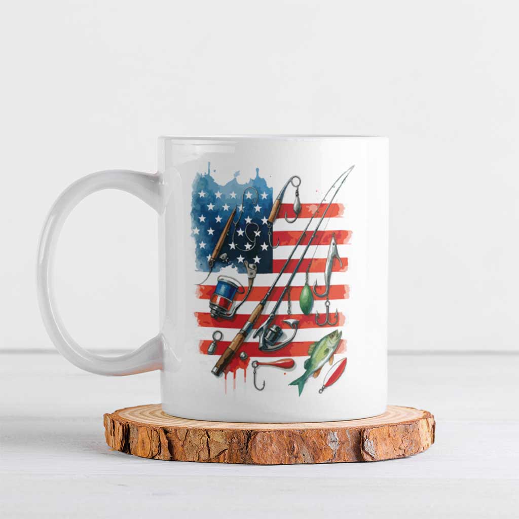 American Flag Fishing Ceramic Mug with Fishing Rods and Lures Watercolor Style Design - Wonder Print Shop