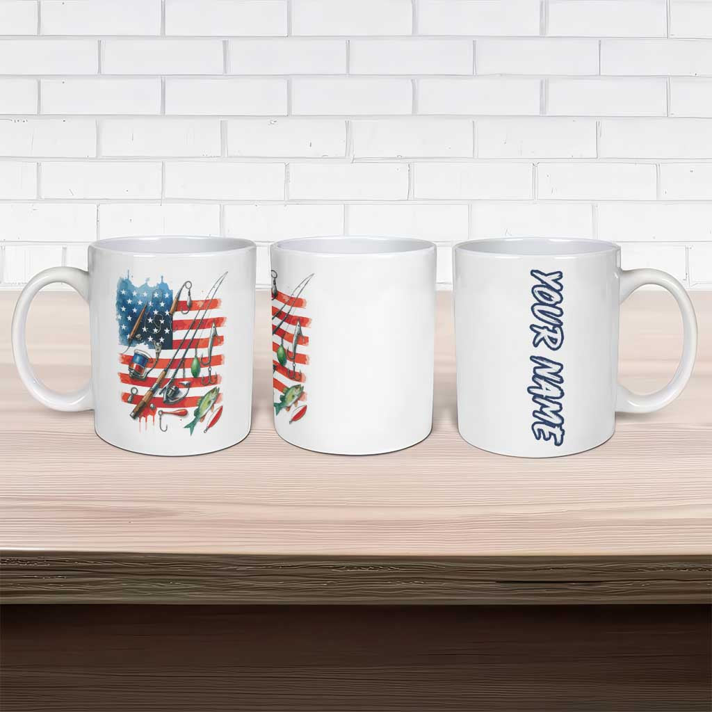 American Flag Fishing Ceramic Mug with Fishing Rods and Lures Watercolor Style Design - Wonder Print Shop