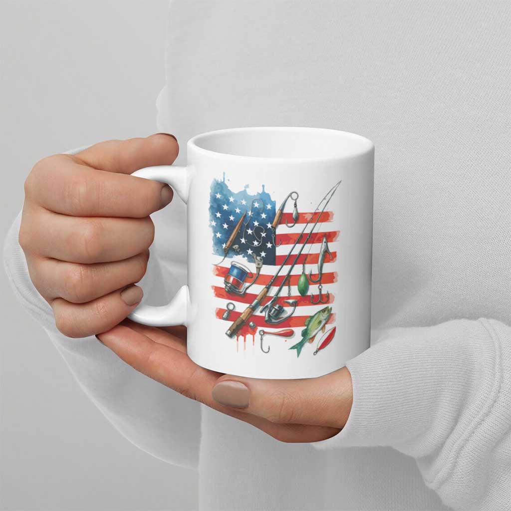 American Flag Fishing Ceramic Mug with Fishing Rods and Lures Watercolor Style Design - Wonder Print Shop