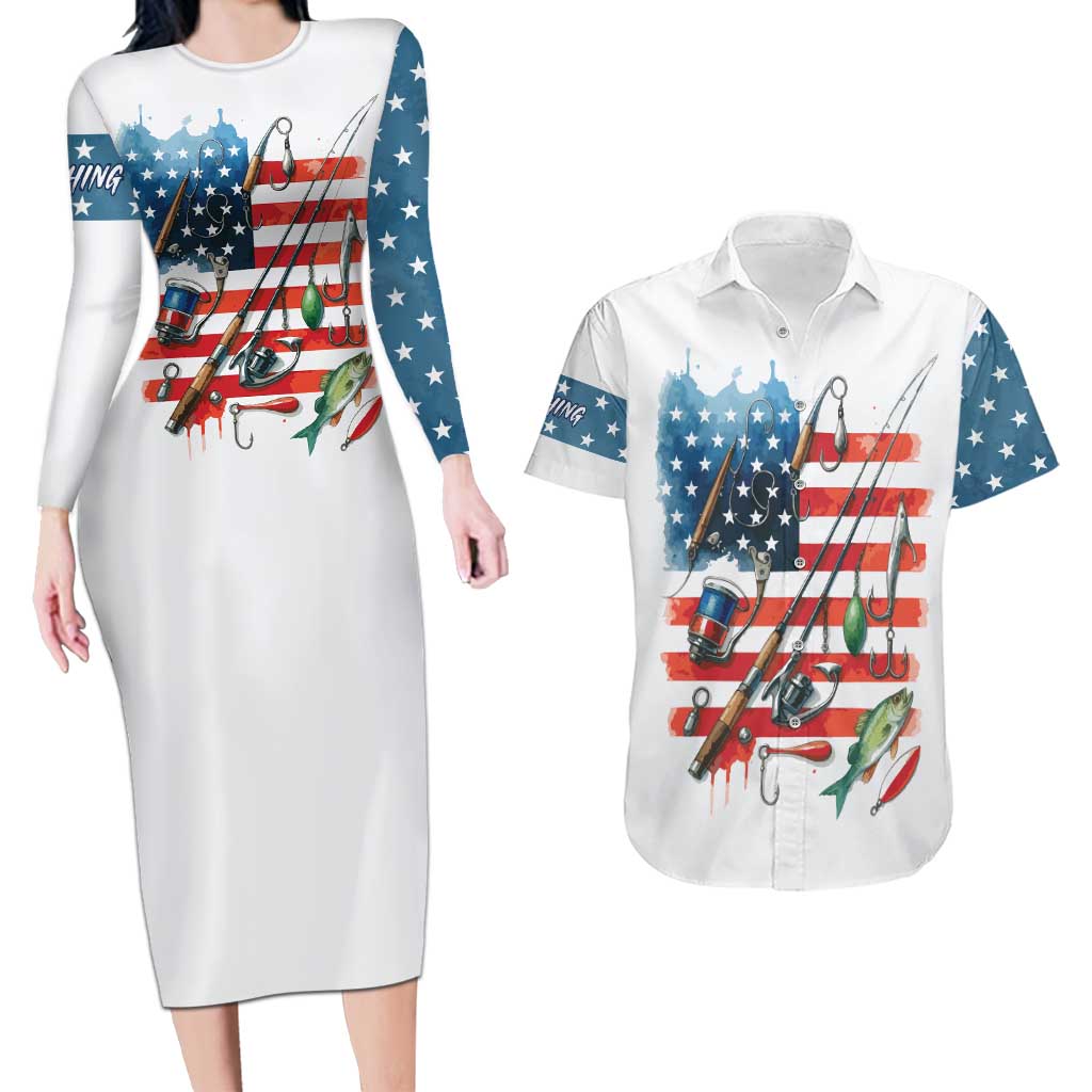 American Flag Fishing Couples Matching Long Sleeve Bodycon Dress and Hawaiian Shirt with Fishing Rods and Lures Watercolor Style Design - Wonder Print Shop