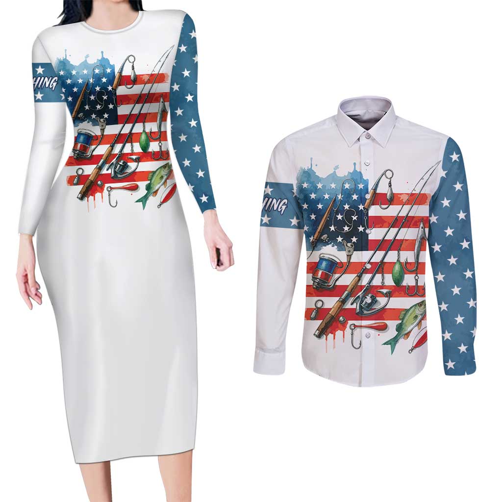 American Flag Fishing Couples Matching Long Sleeve Bodycon Dress and Long Sleeve Button Shirt with Fishing Rods and Lures Watercolor Style Design - Wonder Print Shop