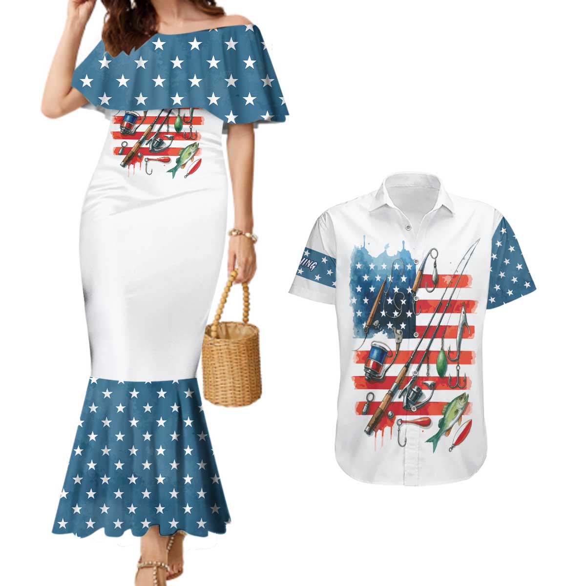 American Flag Fishing Couples Matching Mermaid Dress and Hawaiian Shirt with Fishing Rods and Lures Watercolor Style Design - Wonder Print Shop