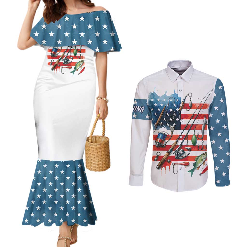 American Flag Fishing Couples Matching Mermaid Dress and Long Sleeve Button Shirt with Fishing Rods and Lures Watercolor Style Design - Wonder Print Shop